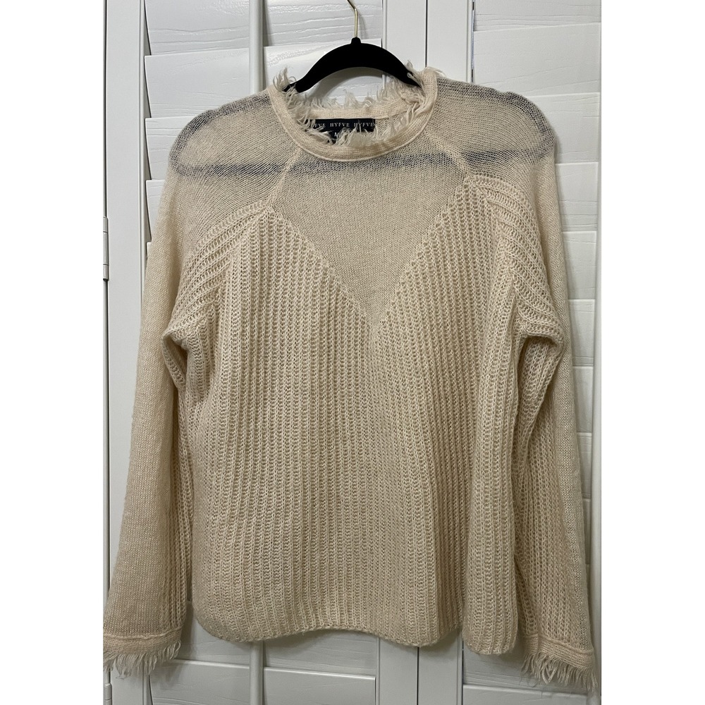 HYFVE Sweater Womens Medium Beige Fringed Pullover Wool Mohair Blend Cozy Knit